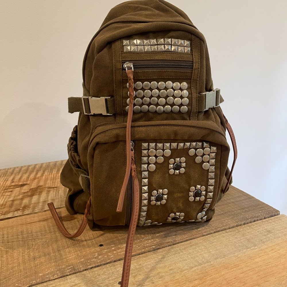 Free People Berlin Studded Backpack Canvas Faded Military Army Green NWOT - Picture 6 of 13